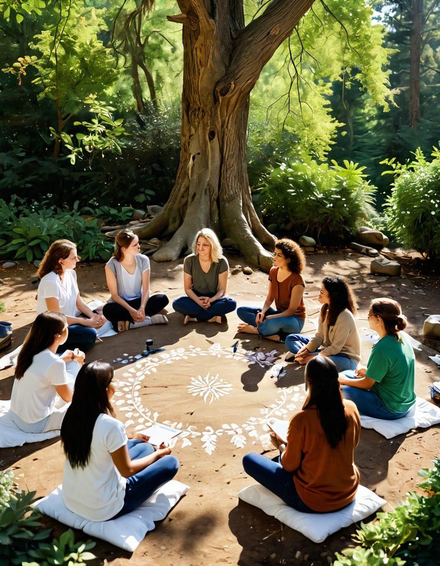 A serene and supportive atmosphere showcasing a diverse group of people sitting in a circle, engaged in a warm and encouraging discussion about healing. In the background, incorporate symbols of nature like blooming flowers and soft sunlight filtering through trees to represent growth and recovery. Include personal items like journals or healing crystals on the floor to illustrate lifestyle modifications. The overall scene should evoke feelings of hope, connection, and transformation. soft focus. warm tones. painting.