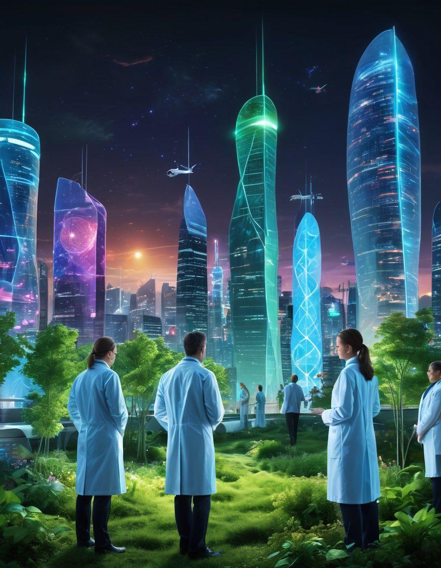 A futuristic city skyline with advanced medical facilities, showcasing researchers in lab coats reminiscent of oncologists, working with holographic displays of innovative therapies and DNA models. In the foreground, a diverse group of people, representing enhanced well-being, engaged in activities indicative of health and vitality. Glowing elements representing cutting-edge technology intertwined with nature, like green spaces and bioluminescent plants. vibrant colors. super-realistic. 3D.