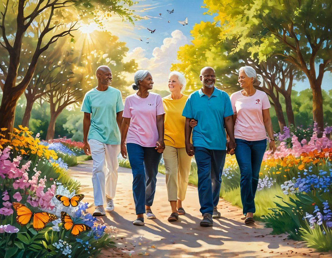 A serene landscape featuring a diverse group of cancer survivors walking together on a sunlit path, symbolizing hope and support. Surround them with blooming flowers and butterflies to signify healing and resilience. Include soft, warm colors to evoke a sense of empowerment and community. The sky should be bright and clear, representing optimism for the future. painting. vibrant colors. inspirational.